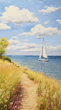 Illustration of a sailboat painting landscape outdoors.