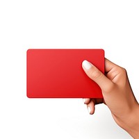 Hand holding red card hand text white background.