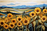 Sunflower field and blue sky landscape outdoors painting.
