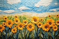 Sunflower field and blue sky landscape quilting textile.