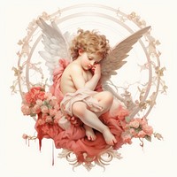 Full body of cupid in the style of Alphonse Mucha angel baby representation.