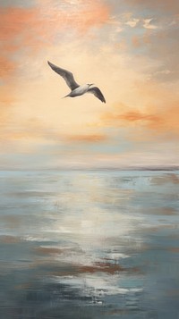 Minimal bird flying pass river outdoors painting seagull.