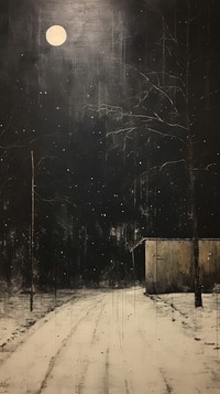 Minimal winter night with snowing painting moon architecture.