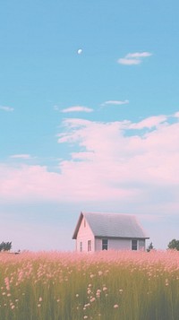 Aesthetic one house in meadow and large pink blue sky landscape wallpaper architecture outdoors building.
