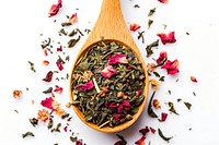 Mix of green tea with strawberry and hibiscus flowers drink plant herbs.
