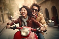 Chinese couple scooter motorcycle laughing. 