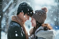 Happy korean couple snow outdoors photo. AI generated Image by rawpixel.