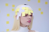 Adhesive notes covering face of exhausted woman portrait adult photo. AI generated Image by rawpixel.