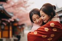 Japanness women hugging adult togetherness. AI generated Image by rawpixel.