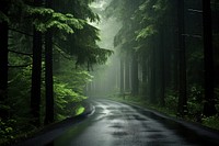 Drizzling rain on the road along the edge of the forest outdoors woodland nature. AI generated Image by rawpixel.