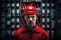 Man an electrical technician working in a switchboard with fuses portrait hardhat helmet. AI generated Image by rawpixel.