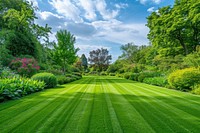 A beautiful English style landscape garden plant grass lawn.