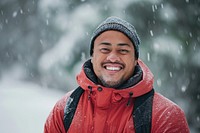 Samoan man outdoors snow travel.