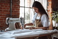 Woman fashion designer sewing machine making.