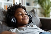 Black american boy headphones headset happy.