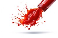 Ketchup sauce falling ketchup bottle white background.