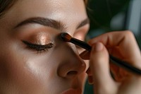 Woman close eyes with a brush using makeup cosmetics adult hairstyle. AI generated Image by rawpixel.