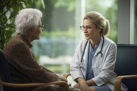 Doctor patient talking glasses.