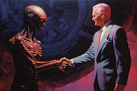 Alien shaking hand with man adult handshake agreement.