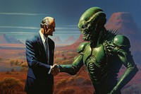 Alien shaking hand with man adult representation accessories.