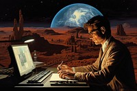 Businessman working with computer on mars astronomy table night.
