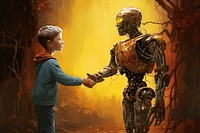 Kid shaking hand with robot adult protection handshake.