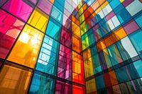 Multi-colored glass wall building architecture art.