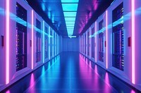 Data center corridor with white server purple technology computer.