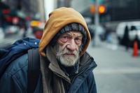 Poor homeless man begging for money portrait adult beard.