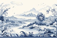 Illustration solid toile with bamboo border landscape painting drawing.