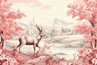 Illustration solid toile with deer border landscape animal mammal.