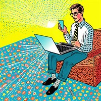 Comic of teen man typing on his laptop glasses computer sitting.