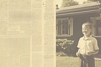 A boy smiling newspaper portrait outdoors.