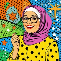 Comic of muslim woman smiling portrait drawing glasses.