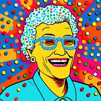 Comic of old lady smiling portrait drawing glasses.
