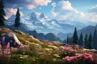  Flower meadow mountain in the background wilderness landscape panoramic. AI generated Image by rawpixel.