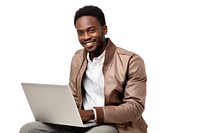 African American happy man with laptop on her lap sitting computer smile. 