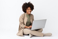 African American happy woman with laptop on her lap sitting computer portrait. AI generated Image by rawpixel.