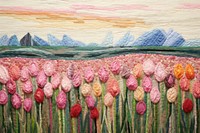 Tulip flower field embroidery landscape textile.