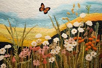 Flower filed and butterfly painting textile pattern.