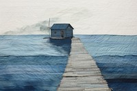 Long wooden pier on a smooth lake architecture building painting.