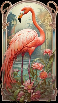 An art nouveau drawing of a flamingo painting animal bird.
