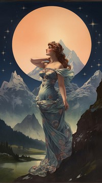 An art nouveau drawing of a mountain with moon astronomy painting outdoors.