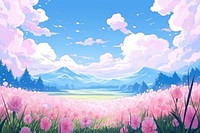 Tulip flower field landscape panoramic outdoors.