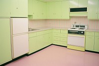 1973s mid-century kitchen interior decoration refrigerator furniture appliance.