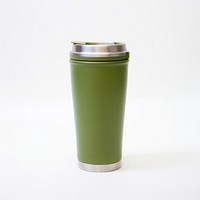 A green insulated tumbler with lid cup mug white background.
