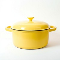 A retro yellow dutch oven pot cookware white background appliance.
