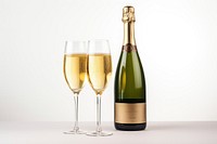 Two glasses of champagne and bottle drink wine white background.