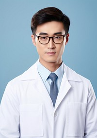 Glasses asian men wearing medical doctor white coat portrait adult stethoscope.