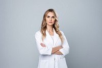 White women wearing white medical scrubs suits portrait photo white background.